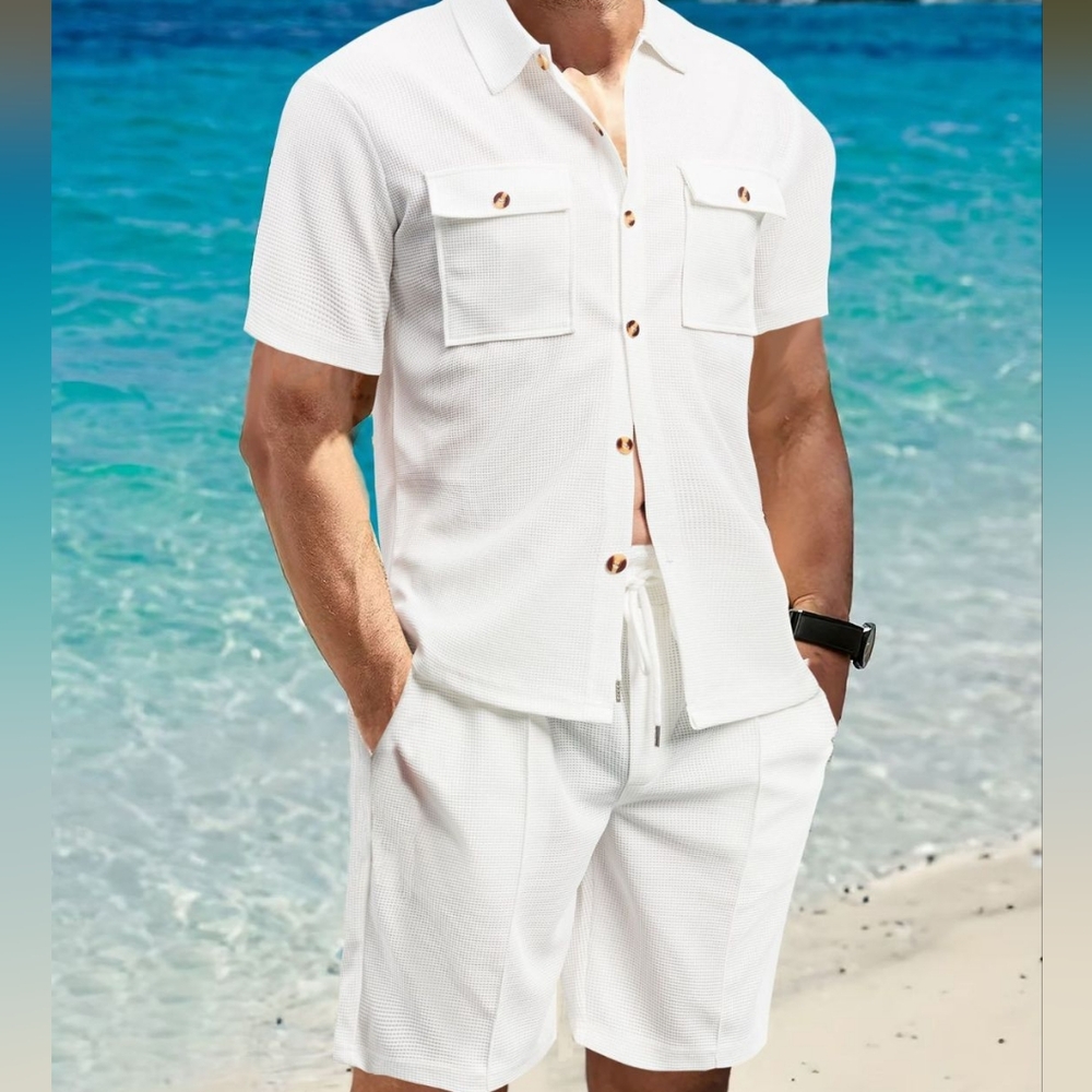 Men's Ivory Button Down Shirt and Shorts Set